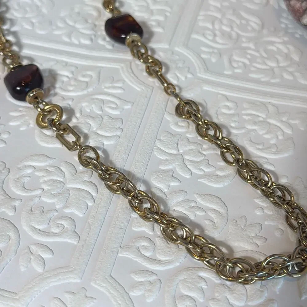 Vintage Gold Tone Long Chunky Chain Necklace With‎ Faux Amber Beads 30”